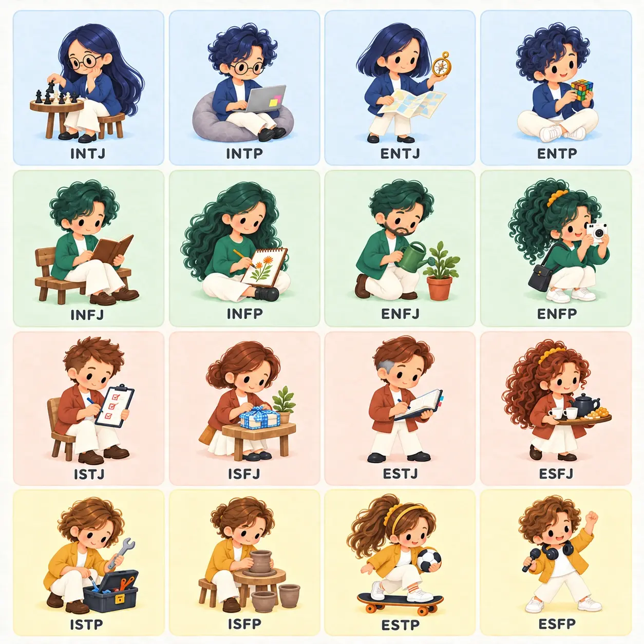 16 karakter chibi: INTJ, INTP, ENTJ, ENTP, INFJ, INFP, ENFJ, ENFP, ISTJ, ISFJ, ESTJ, ESFJ, ISTP, ISFP, ESTP, dan ESFP.